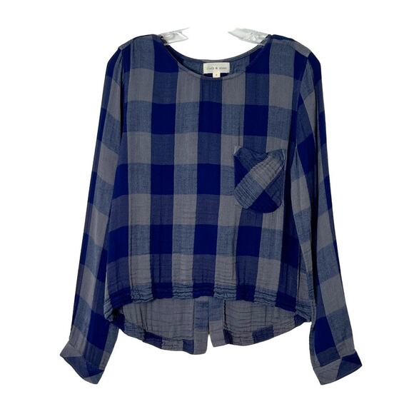 Cloth & Stone Long Sleeve Braided Back Plaid Top Blue Gray Small - Picture 1 of 10